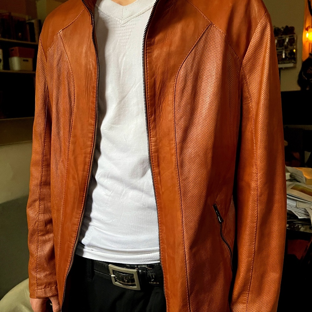 Vera Pelle Italian Tan Calf Leather Cafe Racer Jacket Size Europe 52 (L)